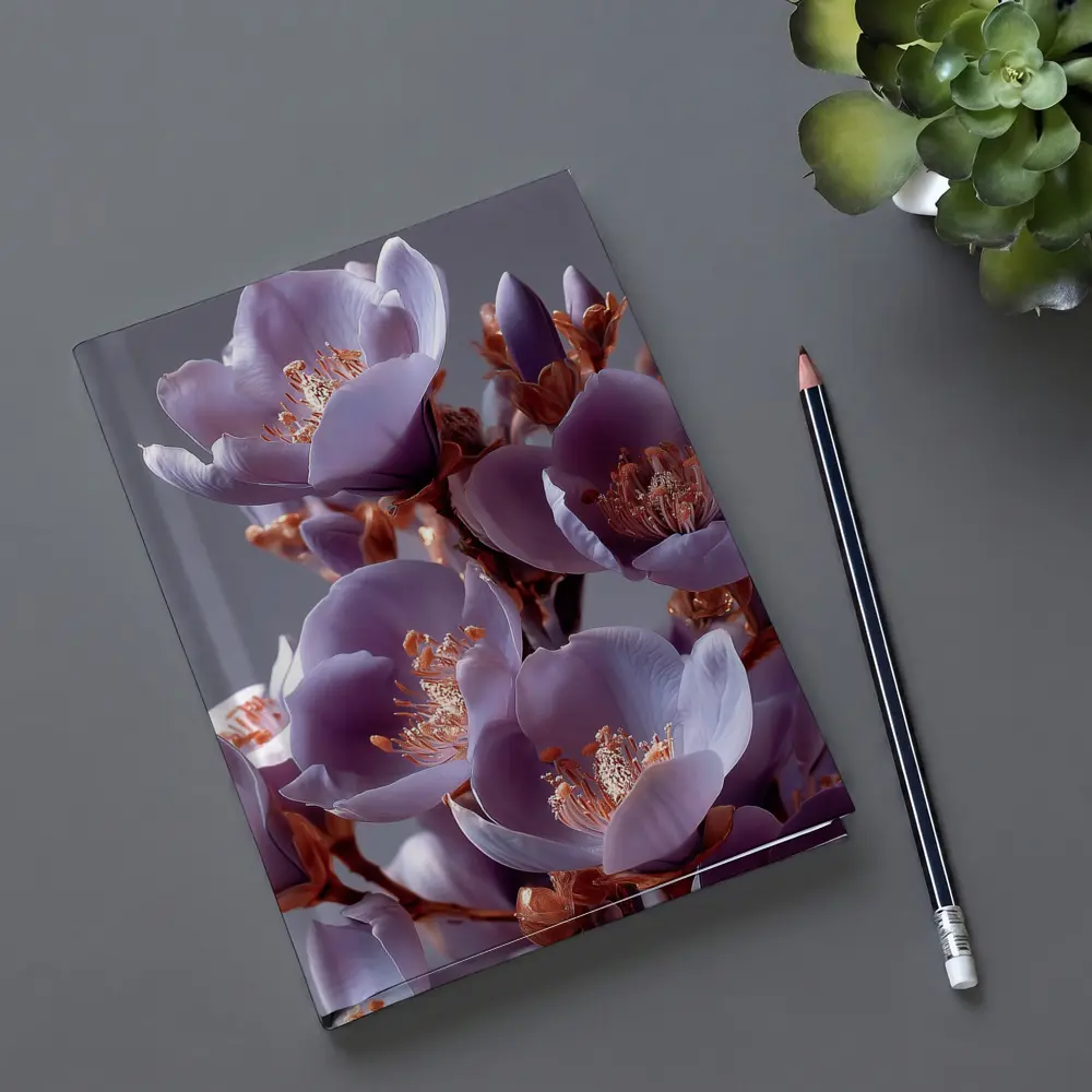 Purple Flowers Golden Stamens Gray Background – Notebooks