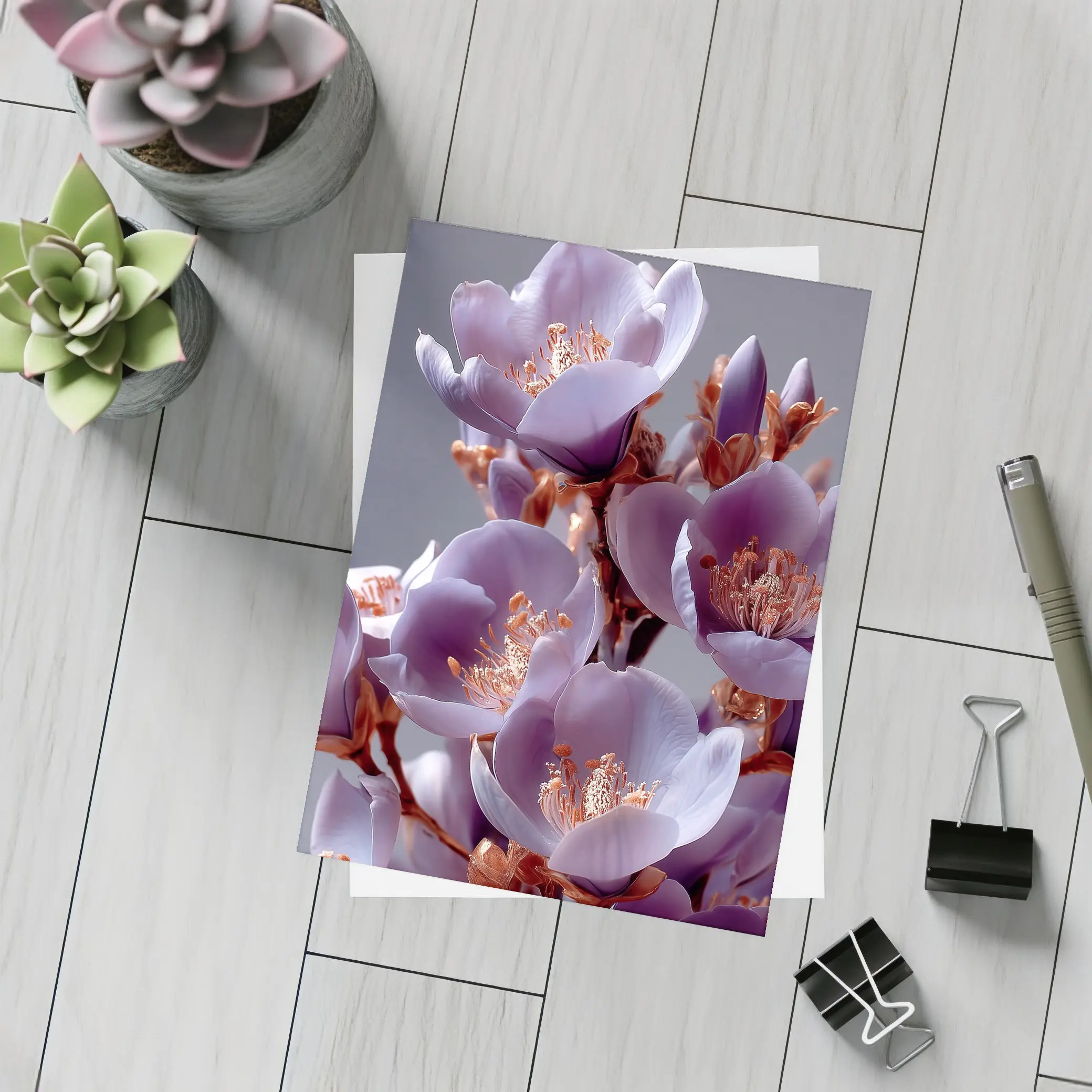 Purple Flowers Golden Stamens Gray Background – Postcards