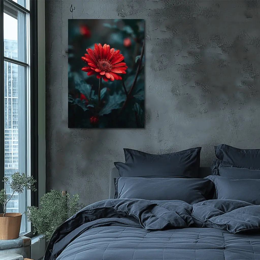 Red Gerbera Daisy With Rain Drops Dark – Wall Art