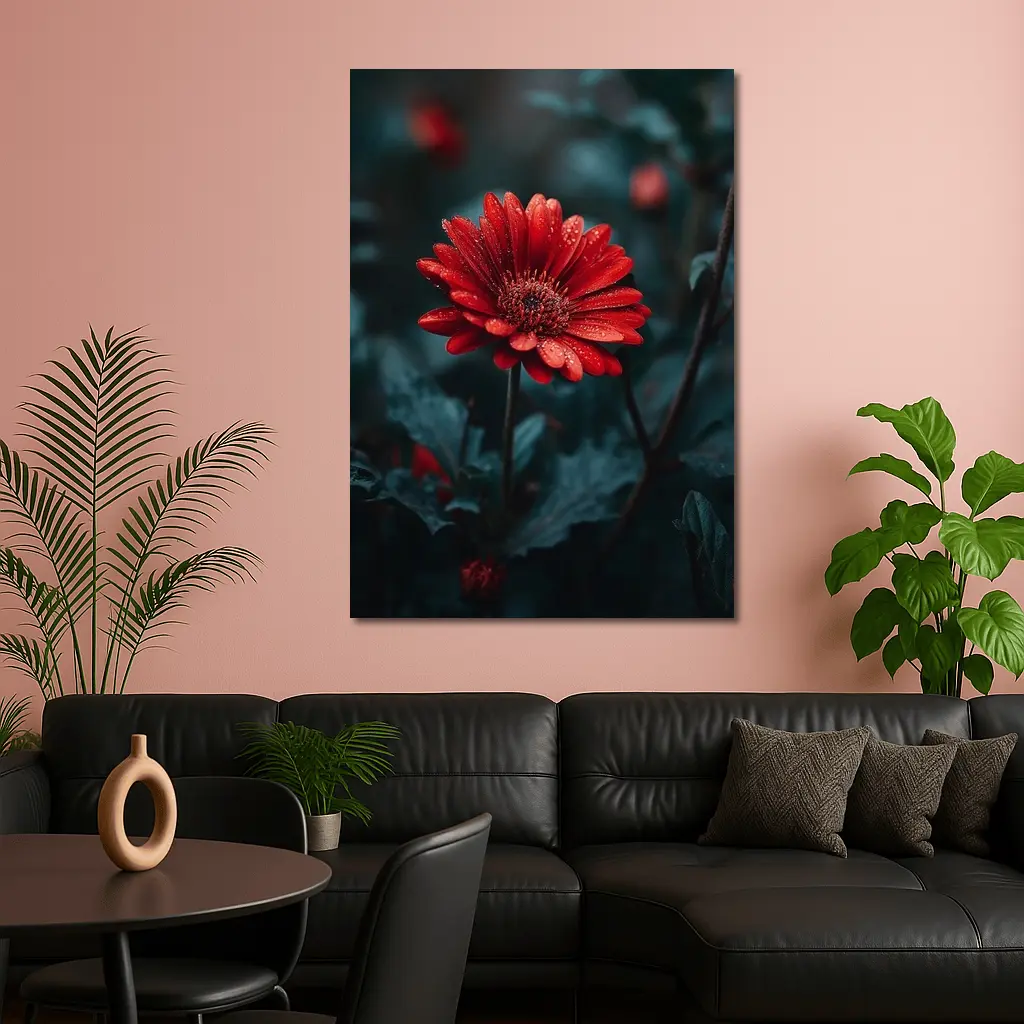 Red Gerbera Daisy With Rain Drops Dark – Wall Art