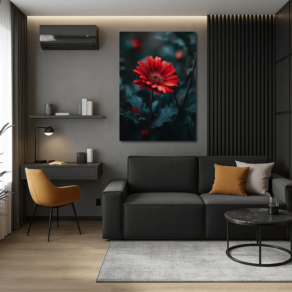 Red Gerbera Daisy With Rain Drops Dark – Wall Art