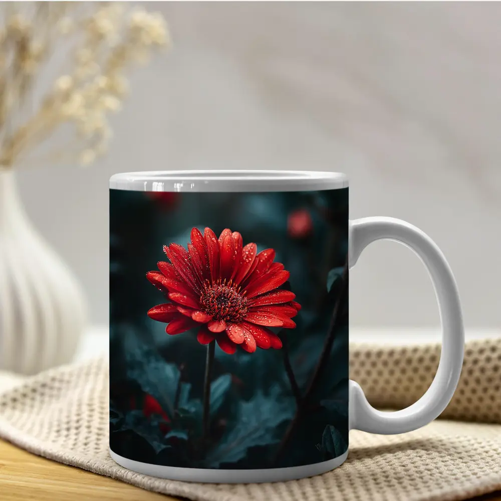 Red Gerbera Daisy With Rain Drops Dark – Mugs