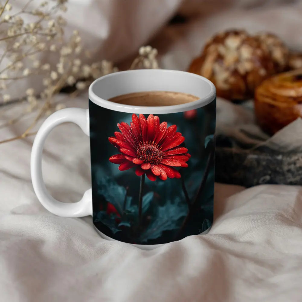 Red Gerbera Daisy With Rain Drops Dark – Mugs