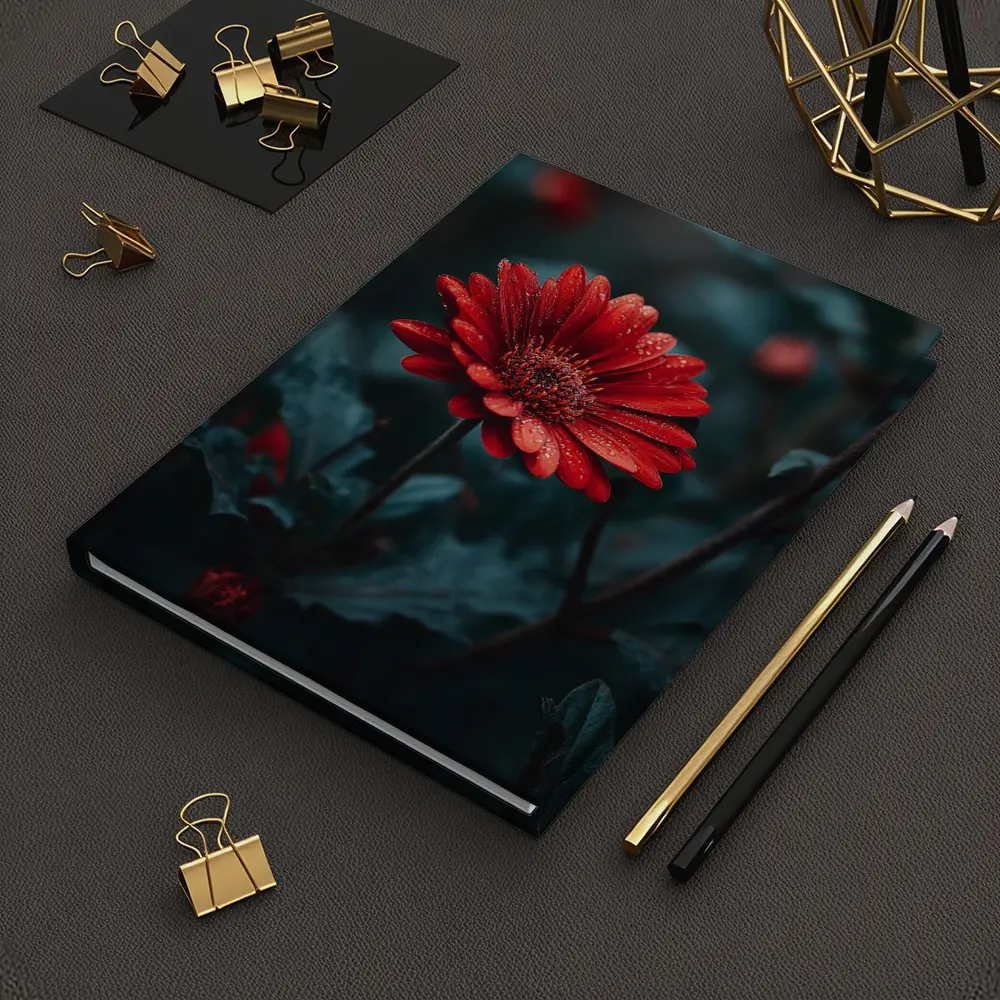 Red Gerbera Daisy With Rain Drops Dark – Notebooks