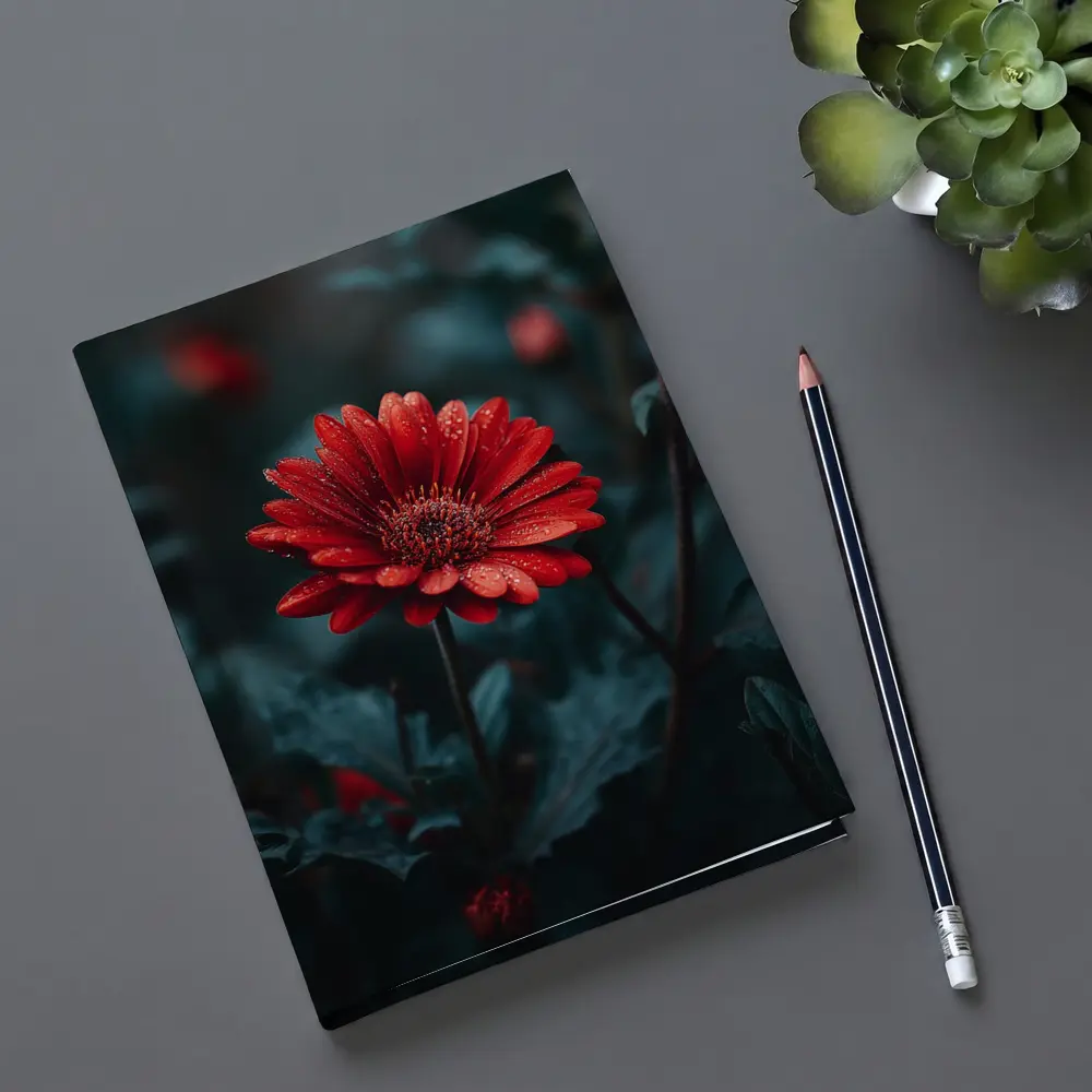 Red Gerbera Daisy With Rain Drops Dark – Notebooks