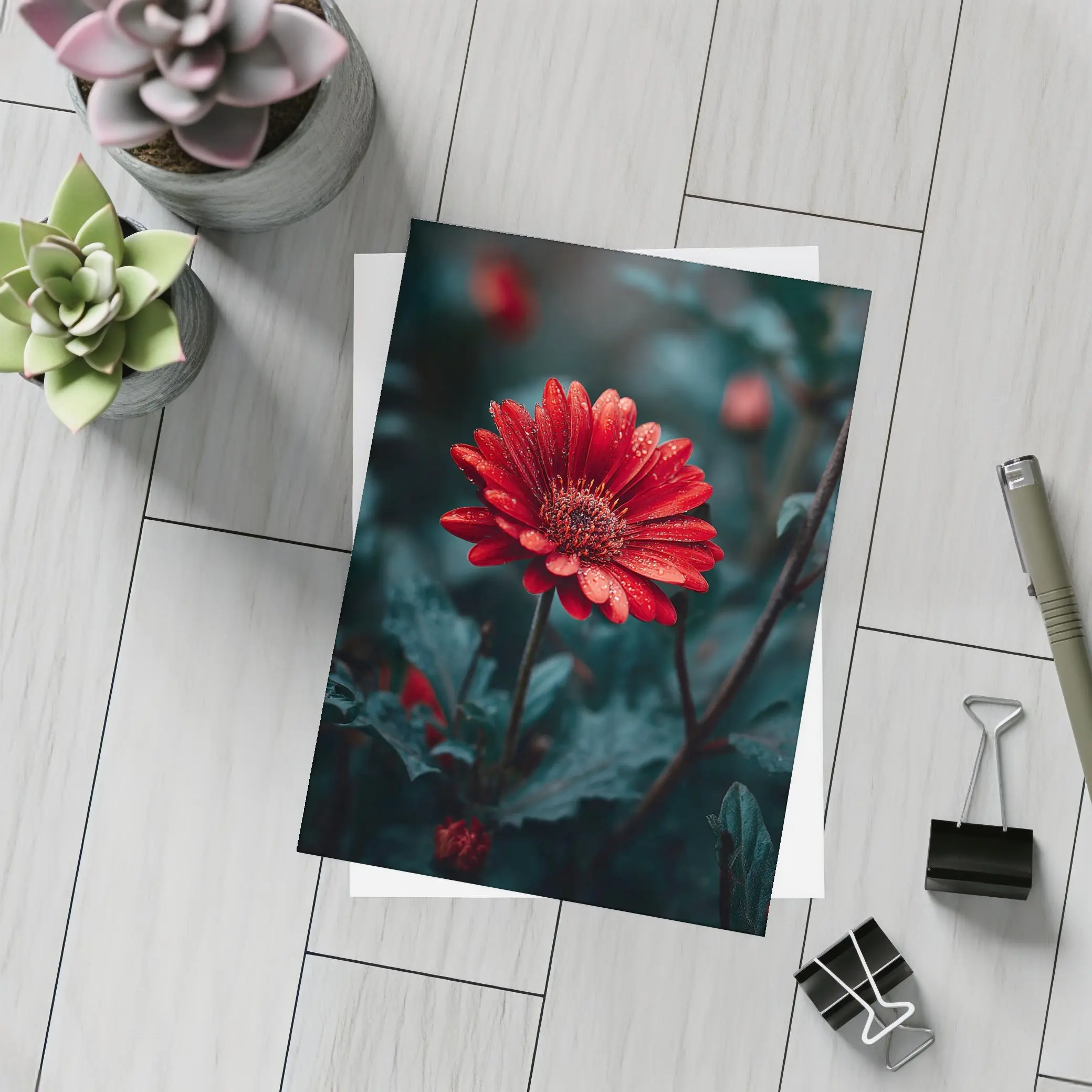 Red Gerbera Daisy With Rain Drops Dark – Postcards