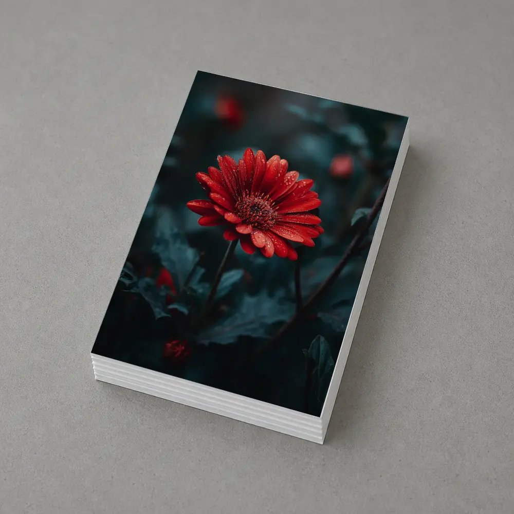 Red Gerbera Daisy With Rain Drops Dark – Postcards
