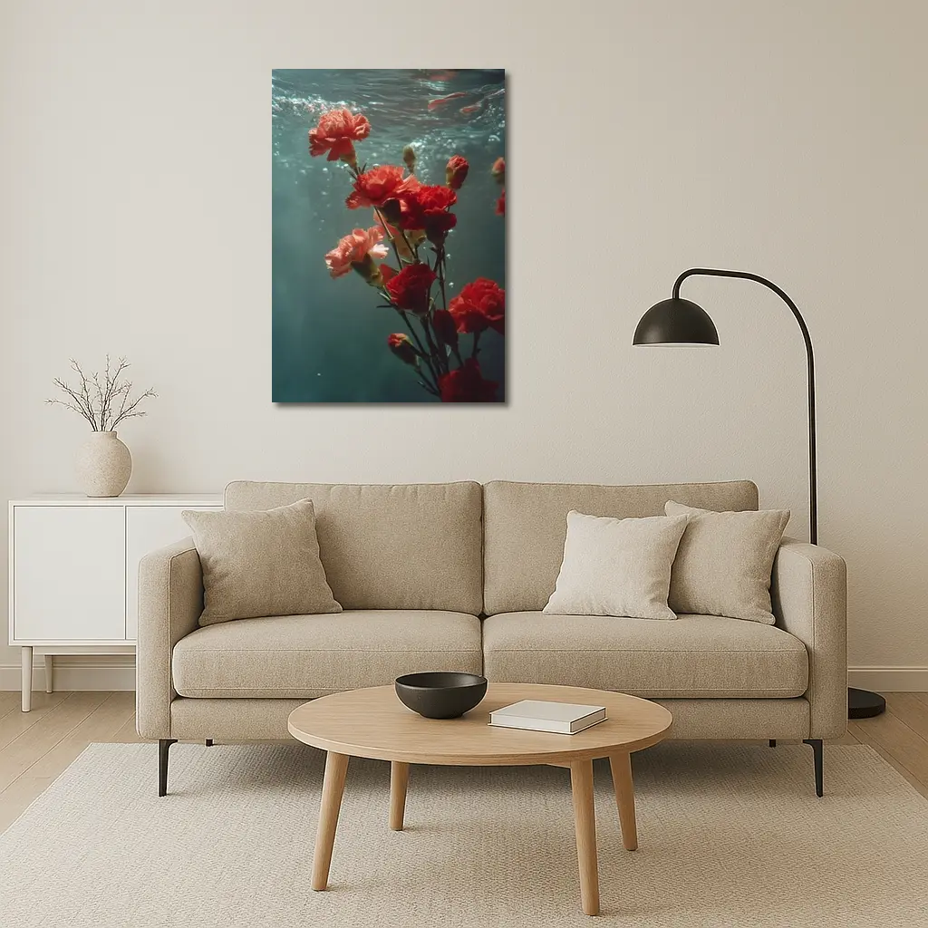 Red Carnations Floating Underwater Dark Background – Wall Art