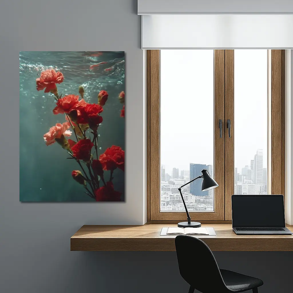 Red Carnations Floating Underwater Dark Background – Wall Art