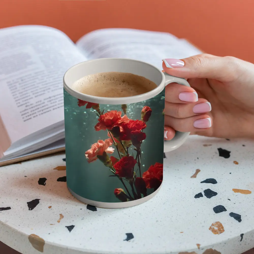 Red Carnations Floating Underwater Dark Background – Mugs