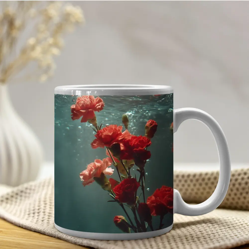 Red Carnations Floating Underwater Dark Background – Mugs