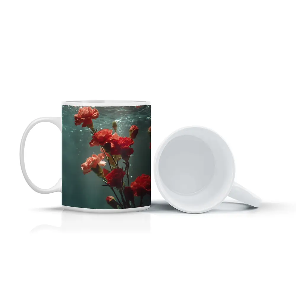 Red Carnations Floating Underwater Dark Background – Mugs