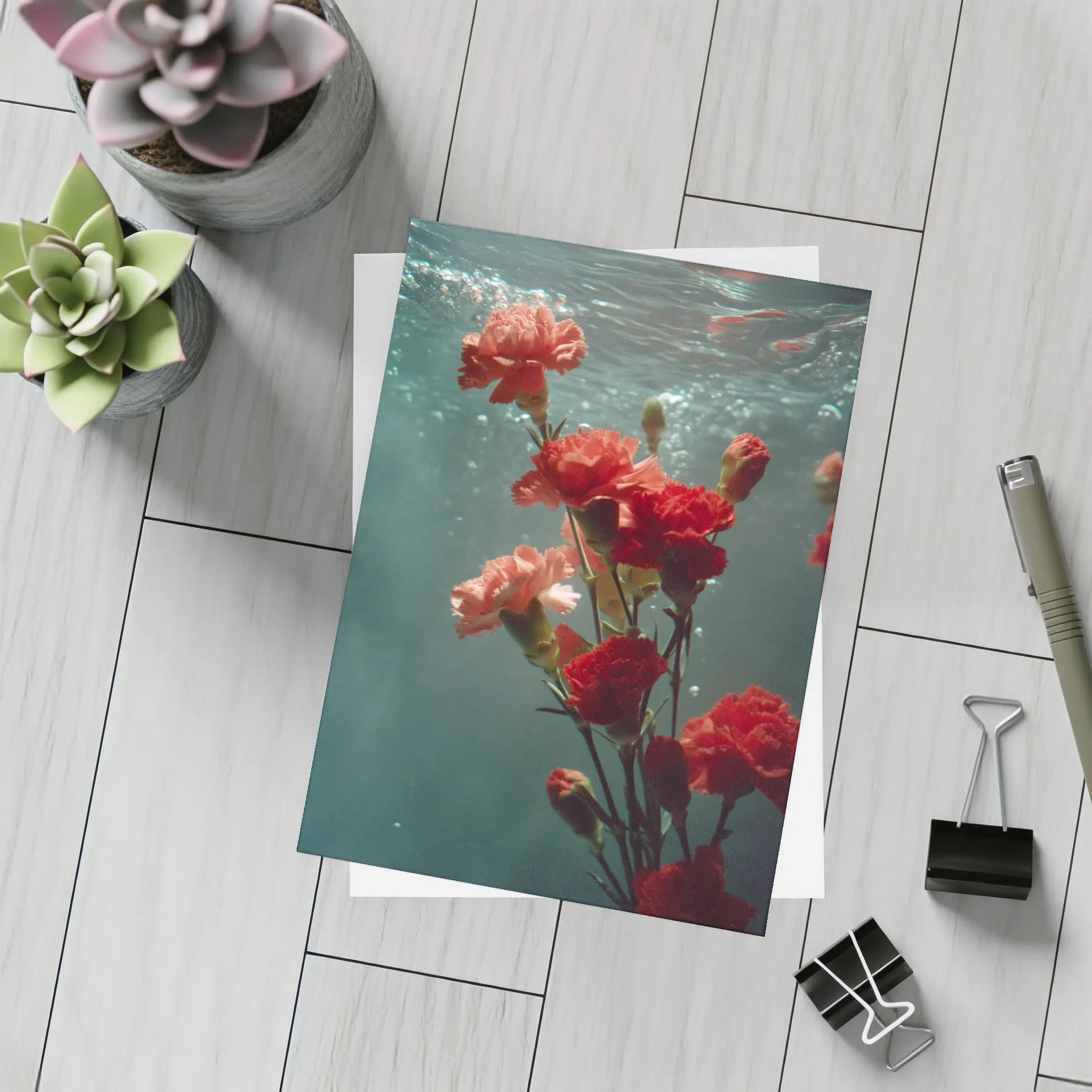 Red Carnations Floating Underwater Dark Background – Postcards