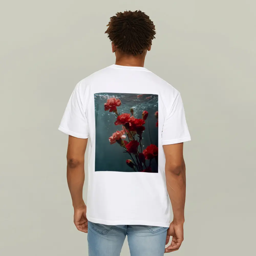 Red Carnations Floating Underwater Dark Background – T-Shirts