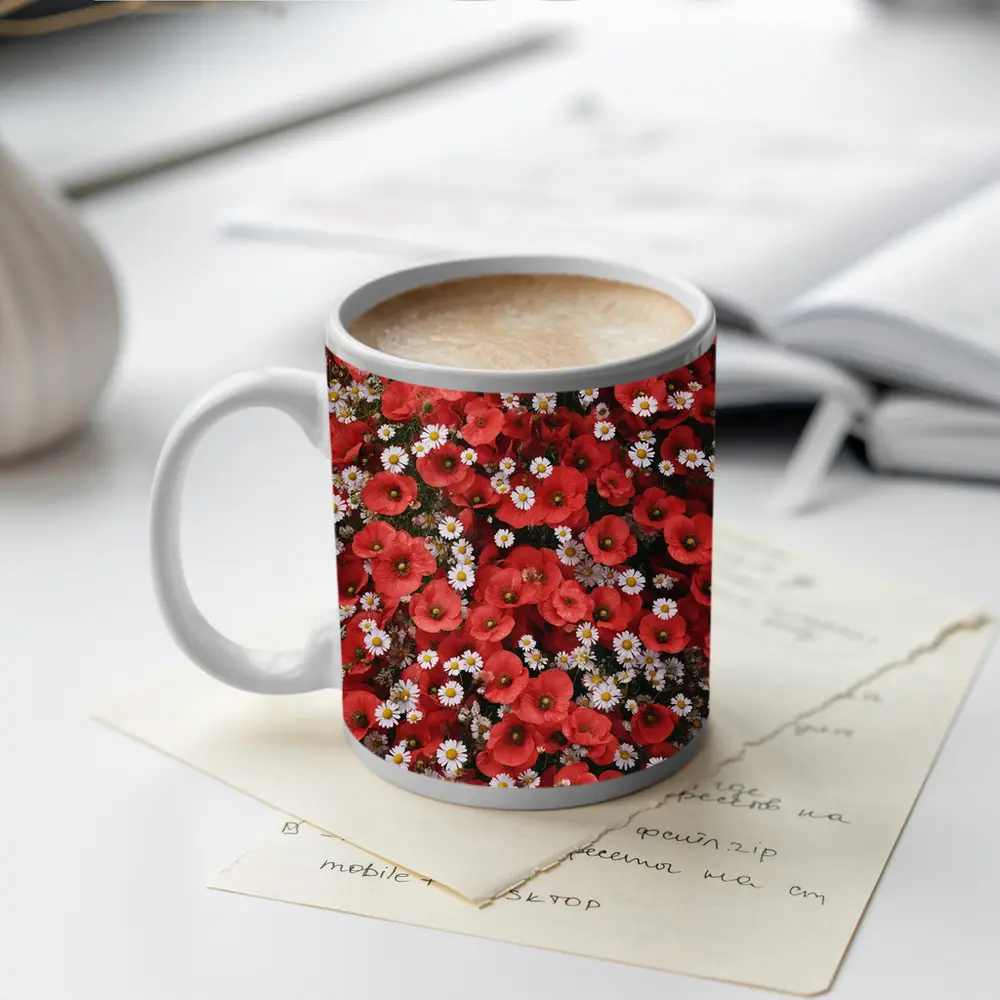 Red Poppies and White Daisies Flower Field – Mugs