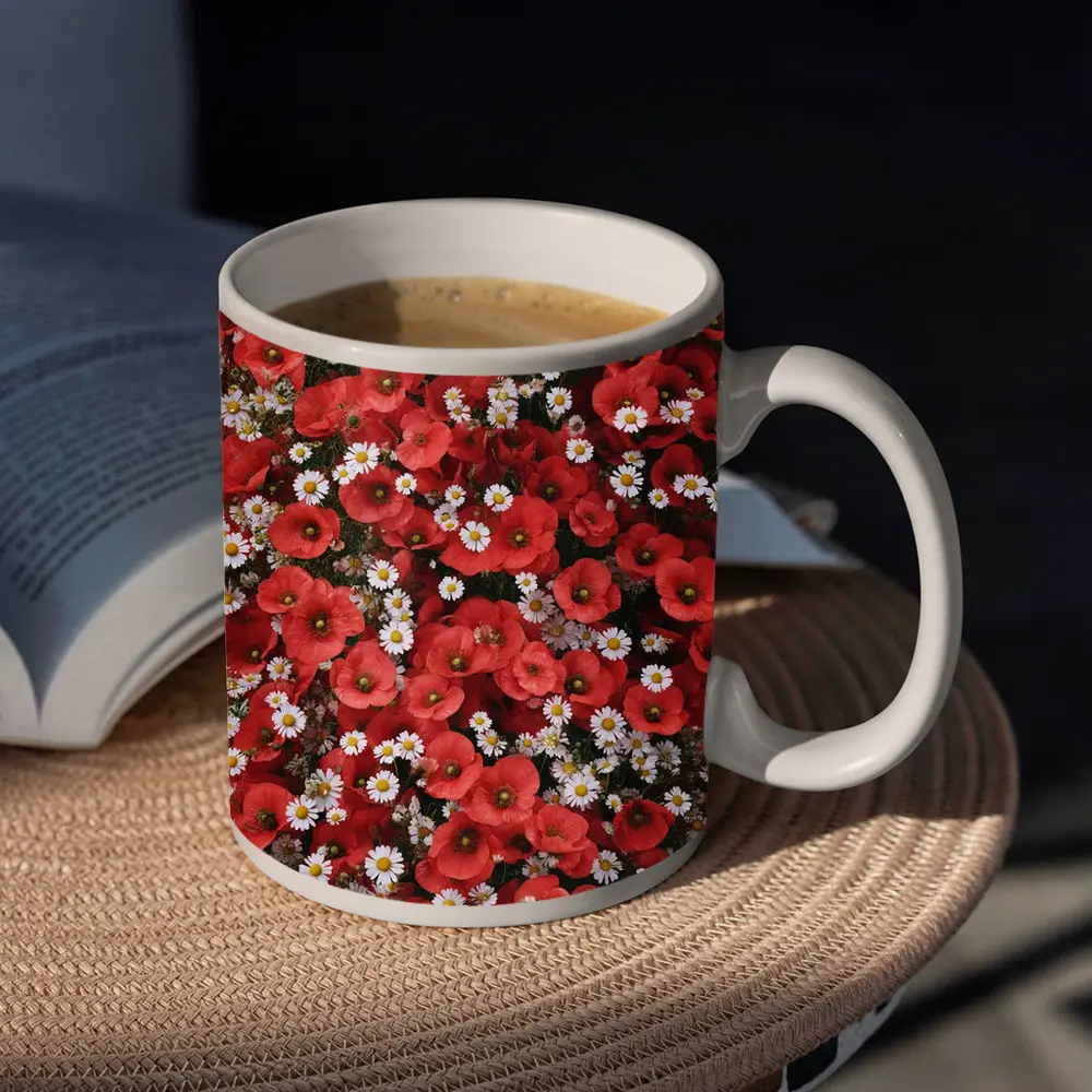 Red Poppies and White Daisies Flower Field – Mugs