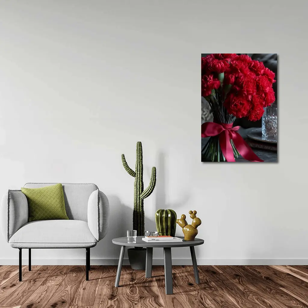 Red Carnations Bouquet With Satin Ribbon – Wall Art