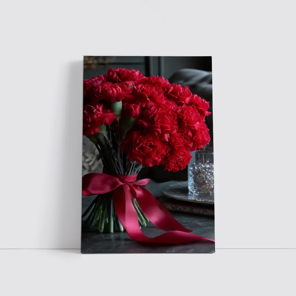 Red Carnations Bouquet With Satin Ribbon – Wall Art