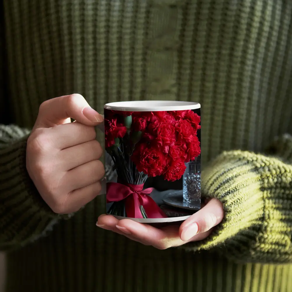 Red Carnations Bouquet With Satin Ribbon – Mugs