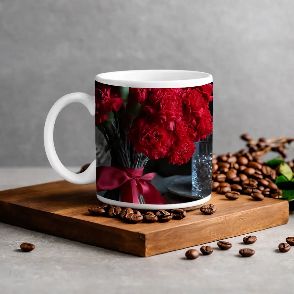Red Carnations Bouquet With Satin Ribbon – Mugs