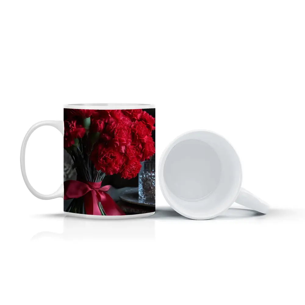 Red Carnations Bouquet With Satin Ribbon – Mugs