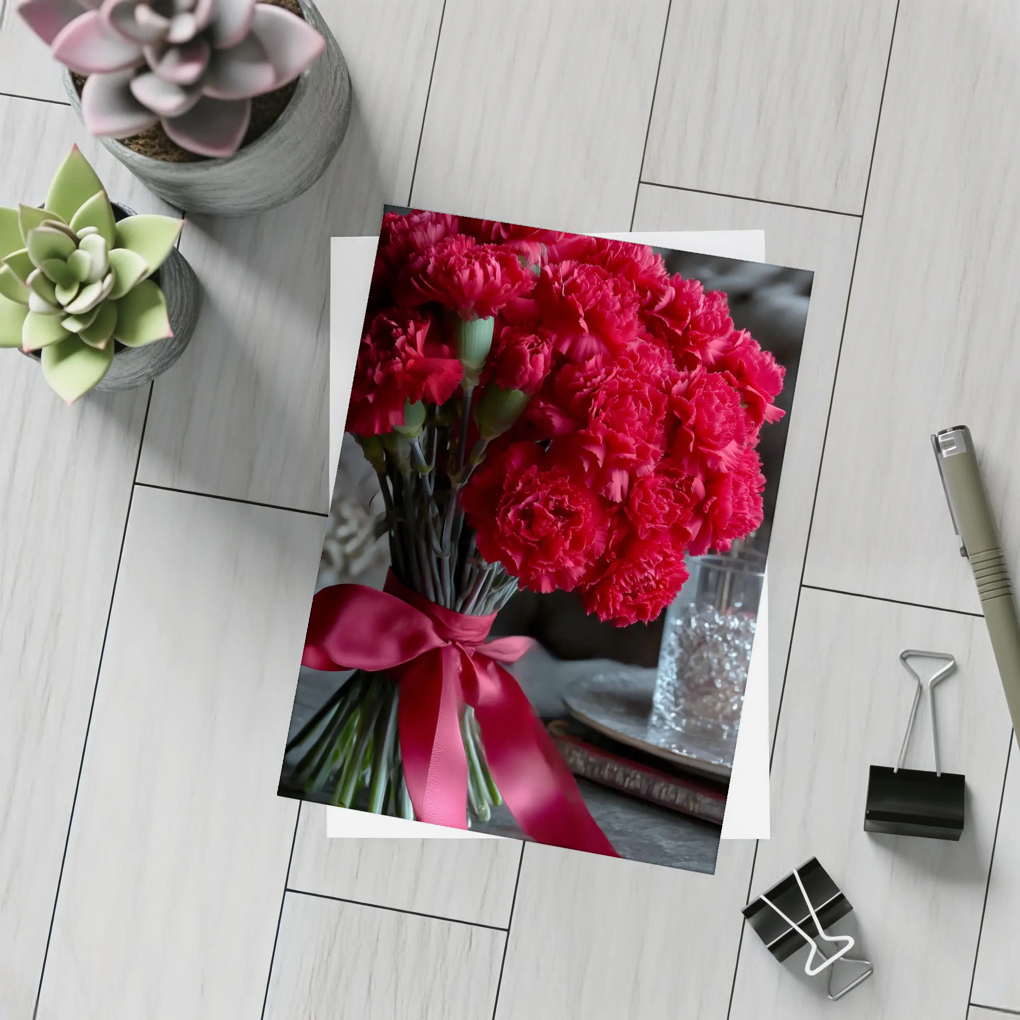 Red Carnations Bouquet With Satin Ribbon – Postcards