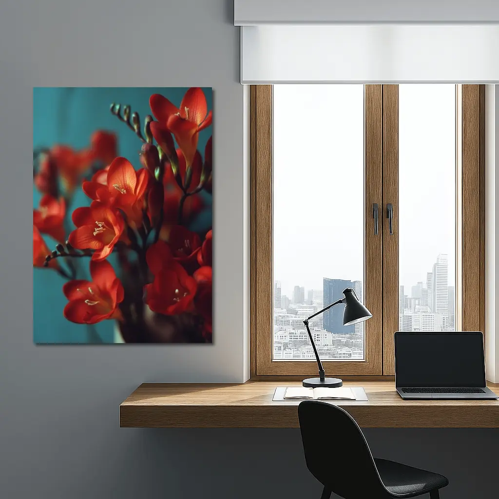 Red Freesia Flowers Teal Background Botanical – Wall Art