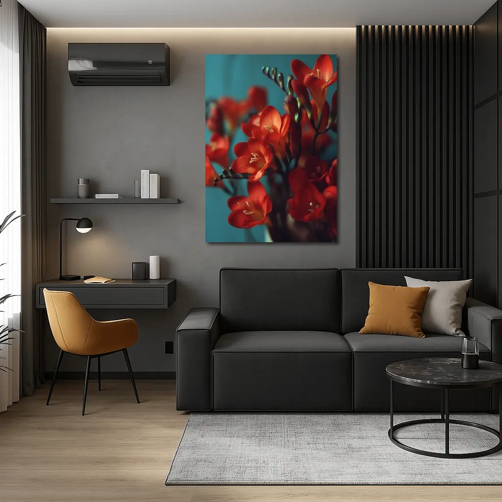 Red Freesia Flowers Teal Background Botanical – Wall Art