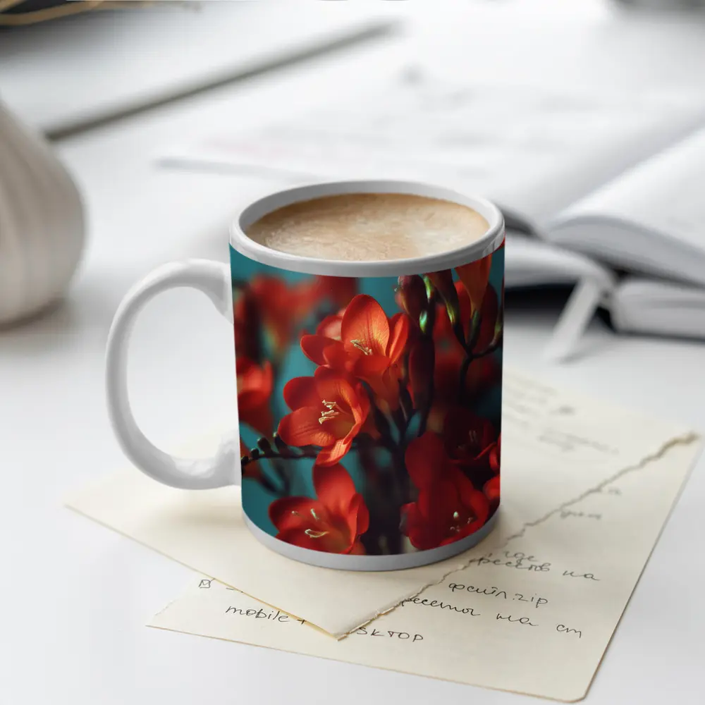 Red Freesia Flowers Teal Background Botanical – Mugs