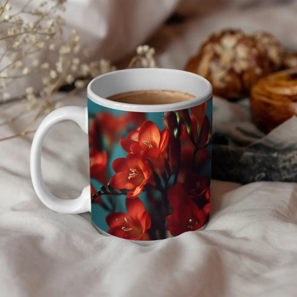 Red Freesia Flowers Teal Background Botanical – Mugs