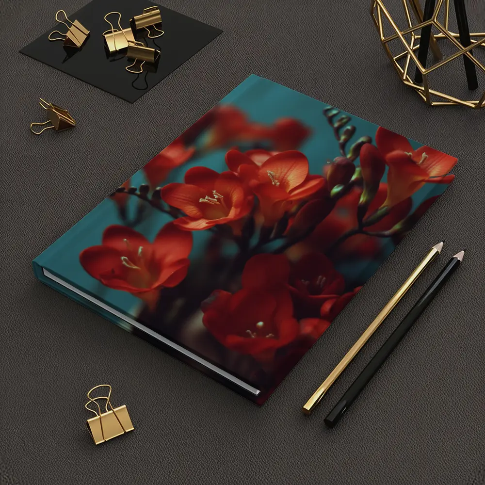 Red Freesia Flowers Teal Background Botanical – Notebooks