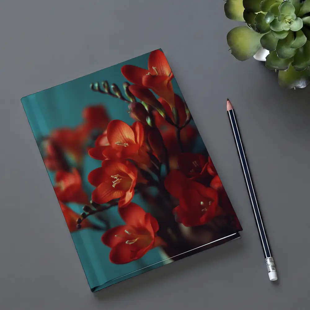 Red Freesia Flowers Teal Background Botanical – Notebooks