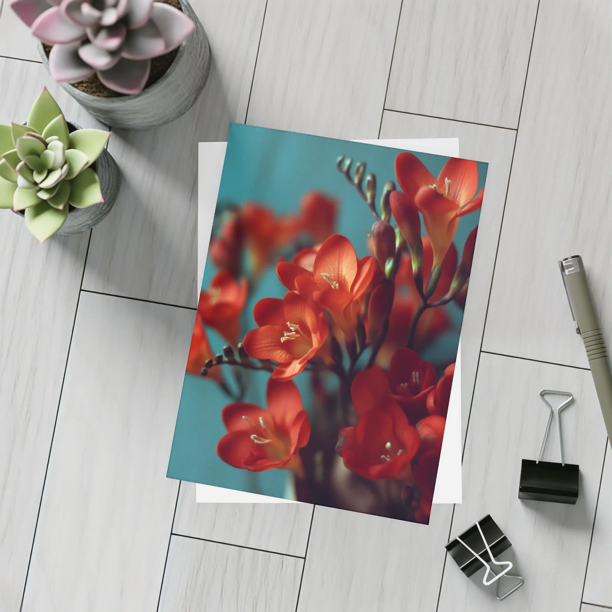 Red Freesia Flowers Teal Background Botanical – Postcards