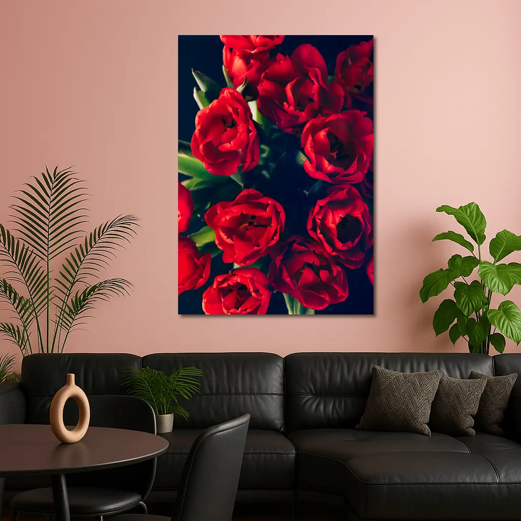 Red Tulips Bouquet Dark Background Floral – Wall Art