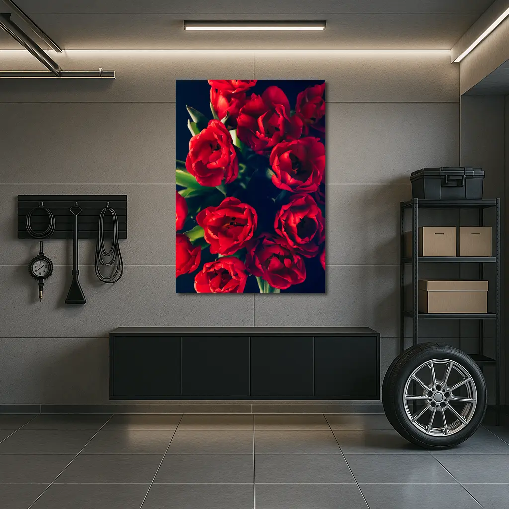Red Tulips Bouquet Dark Background Floral – Wall Art