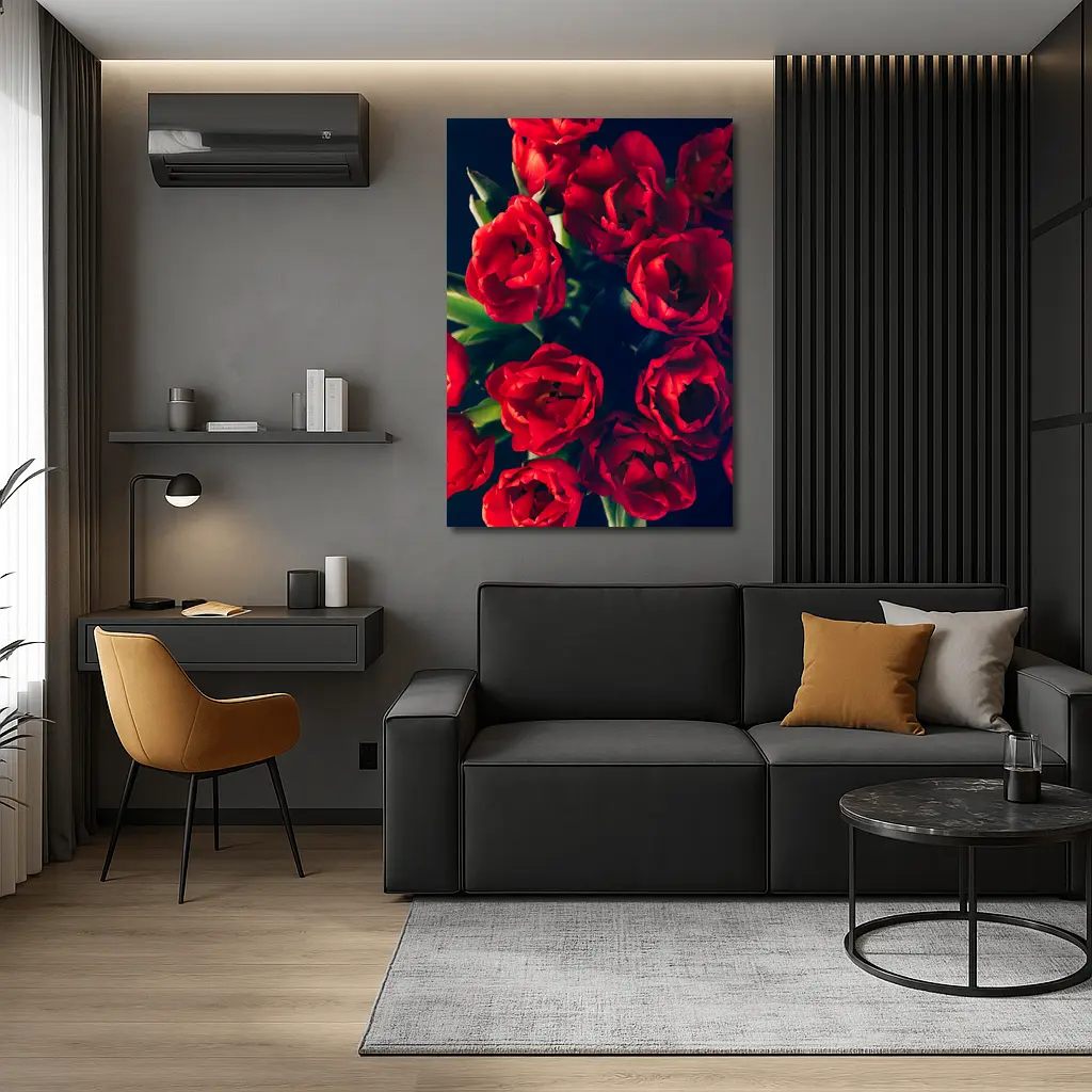 Red Tulips Bouquet Dark Background Floral – Wall Art