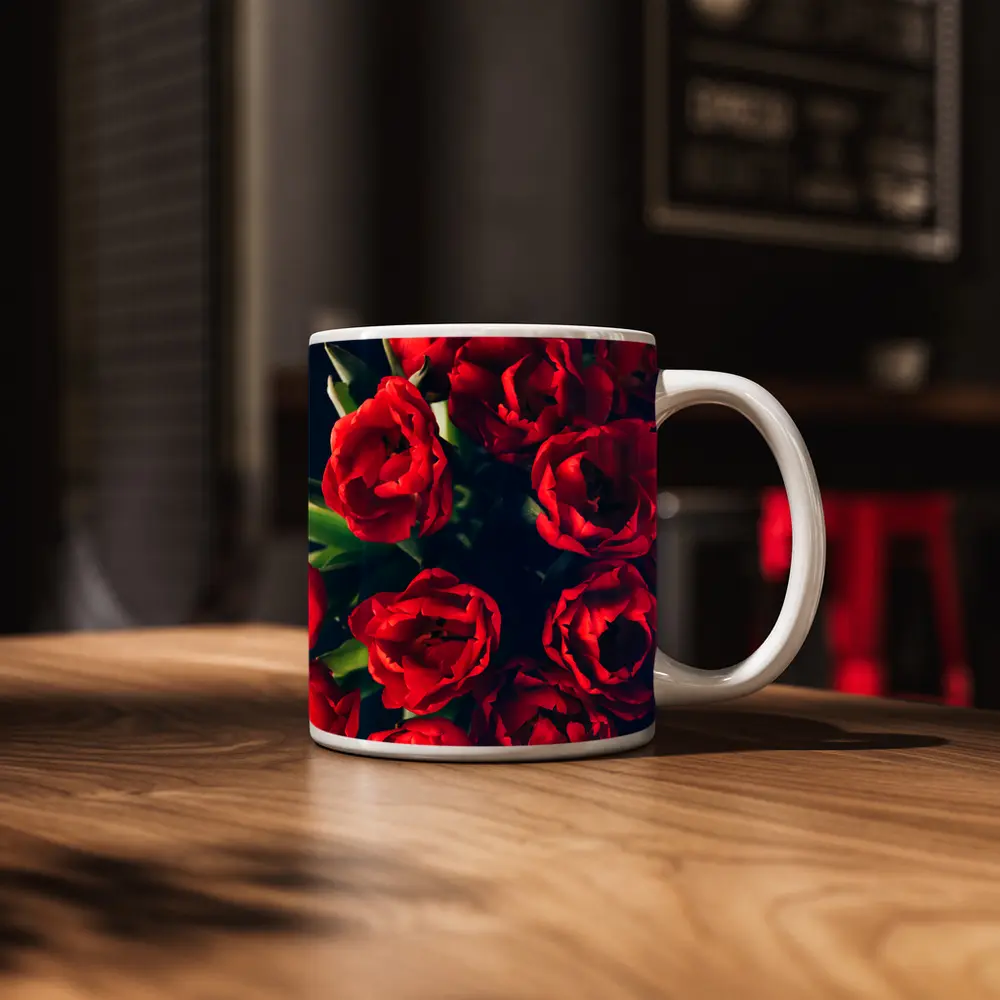 Red Tulips Bouquet Dark Background Floral – Mugs