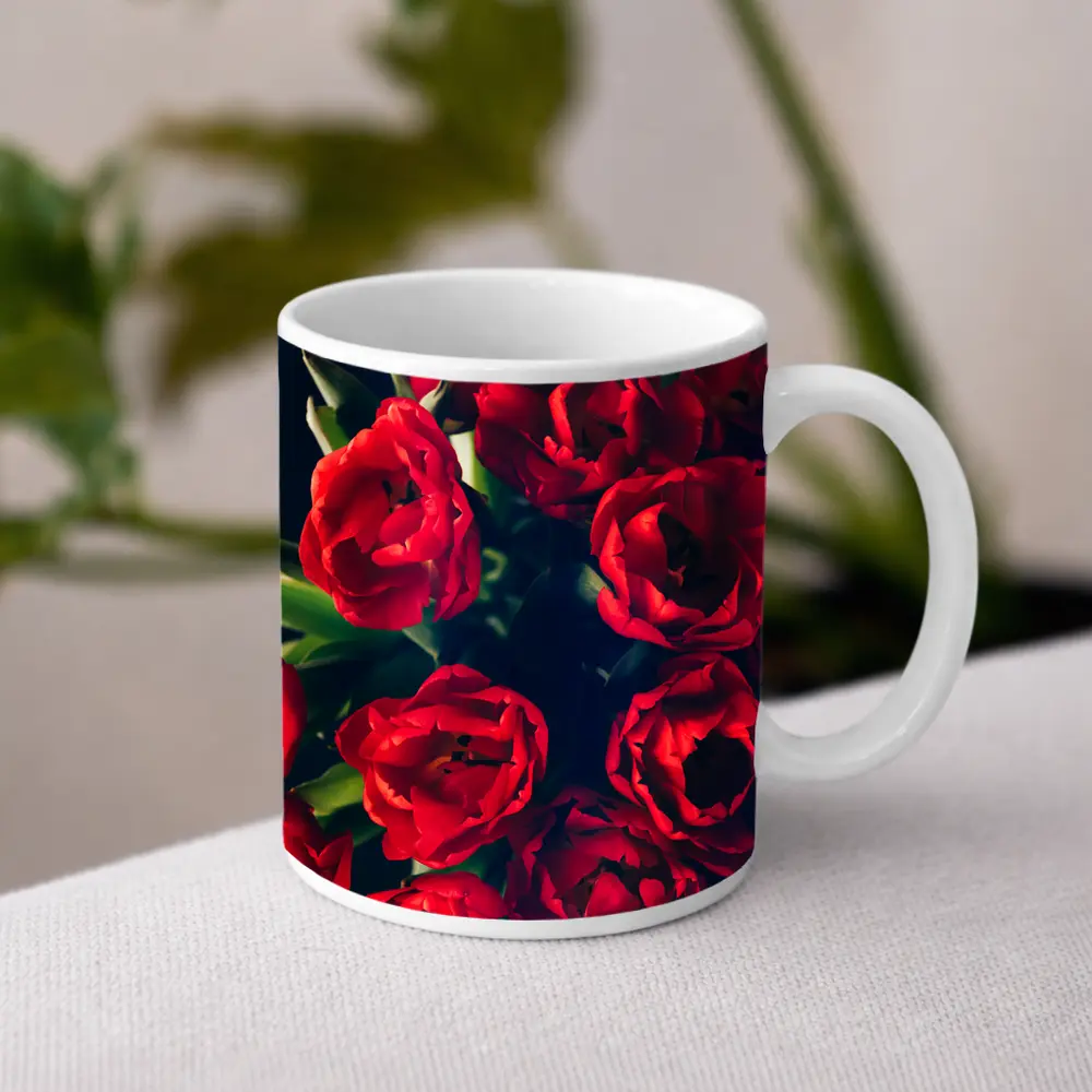 Red Tulips Bouquet Dark Background Floral – Mugs