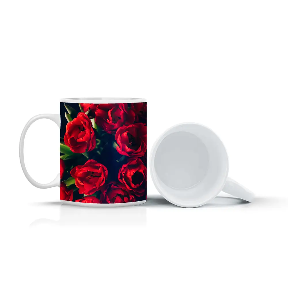 Red Tulips Bouquet Dark Background Floral – Mugs