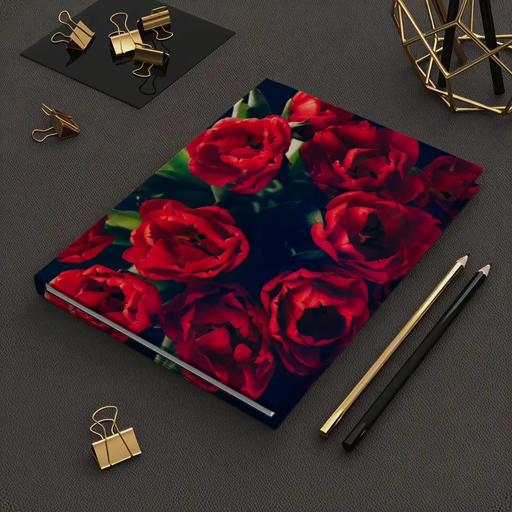 Red Tulips Bouquet Dark Background Floral – Notebooks