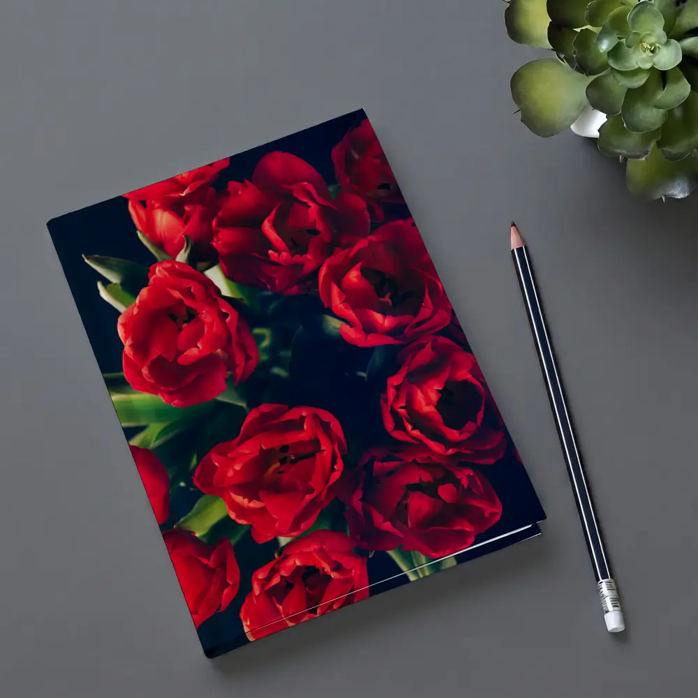 Red Tulips Bouquet Dark Background Floral – Notebooks