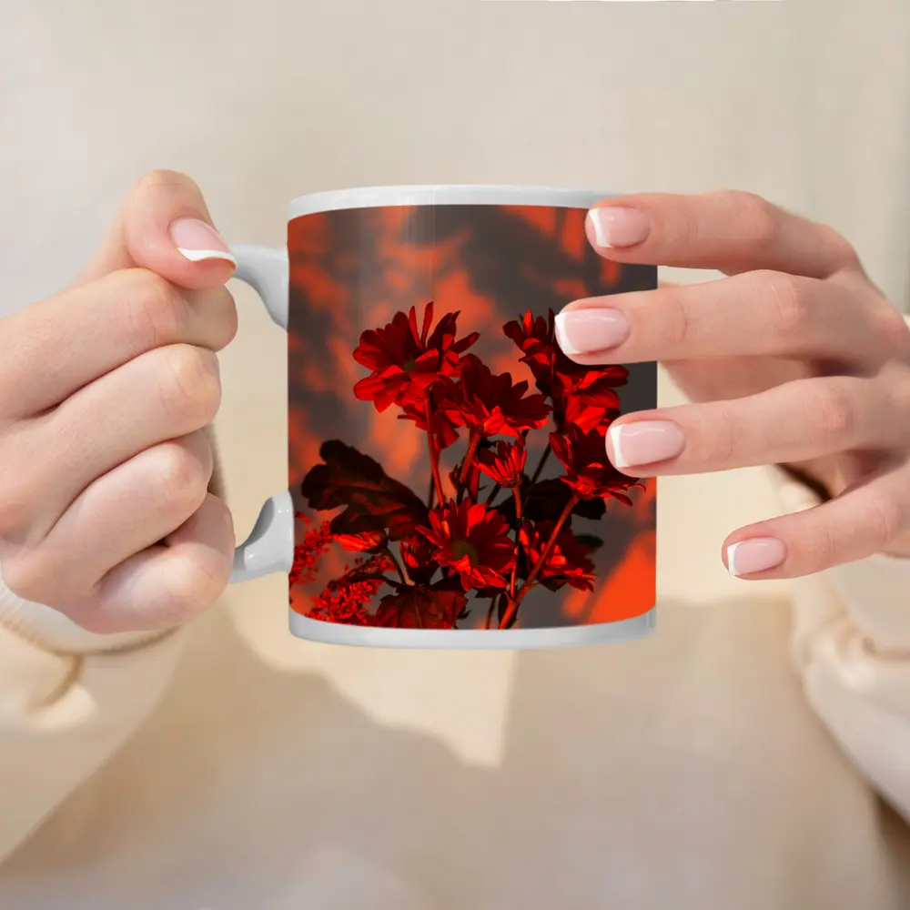 Red Chrysanthums Glowing Warm Sunset Wall – Mugs