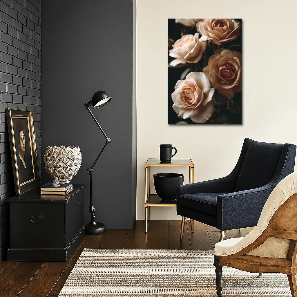 Peach Roses Dark Moody Floral Background – Wall Art