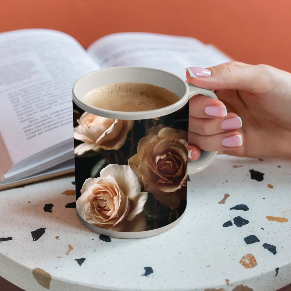 Peach Roses Dark Moody Floral Background – Mugs