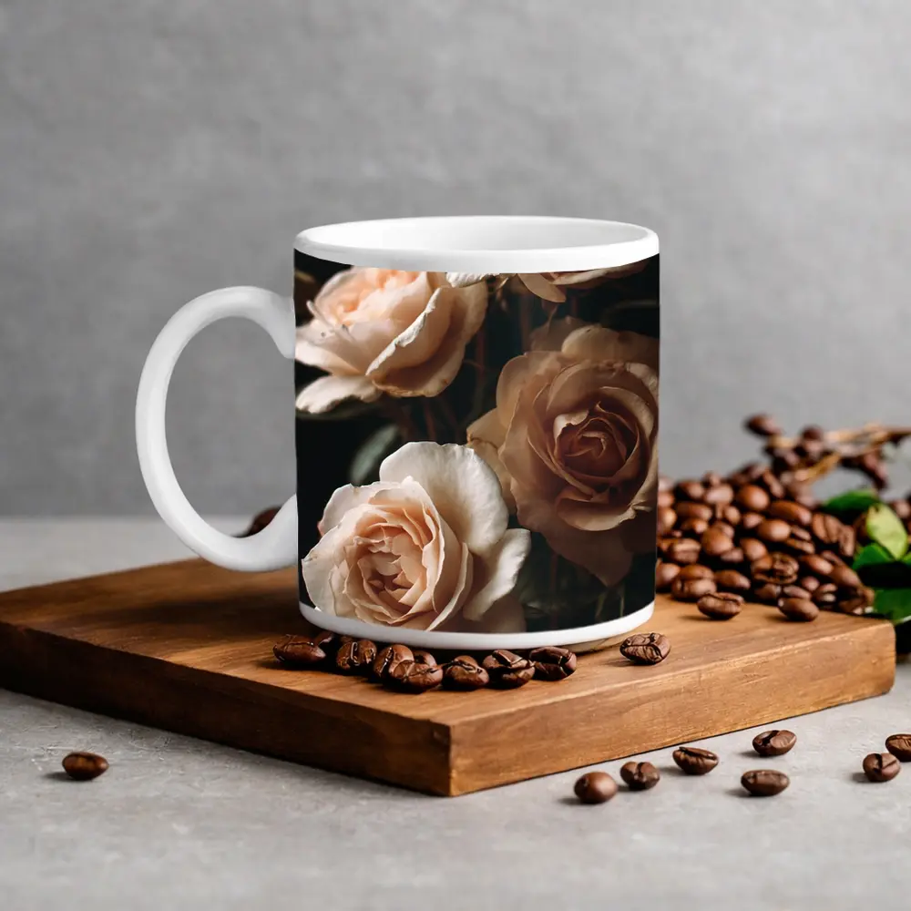 Peach Roses Dark Moody Floral Background – Mugs