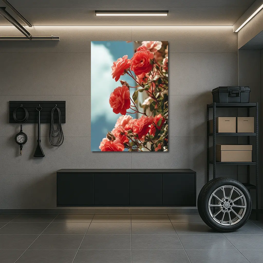 Red Roses Climbing Against Blue Sky – Wall Art