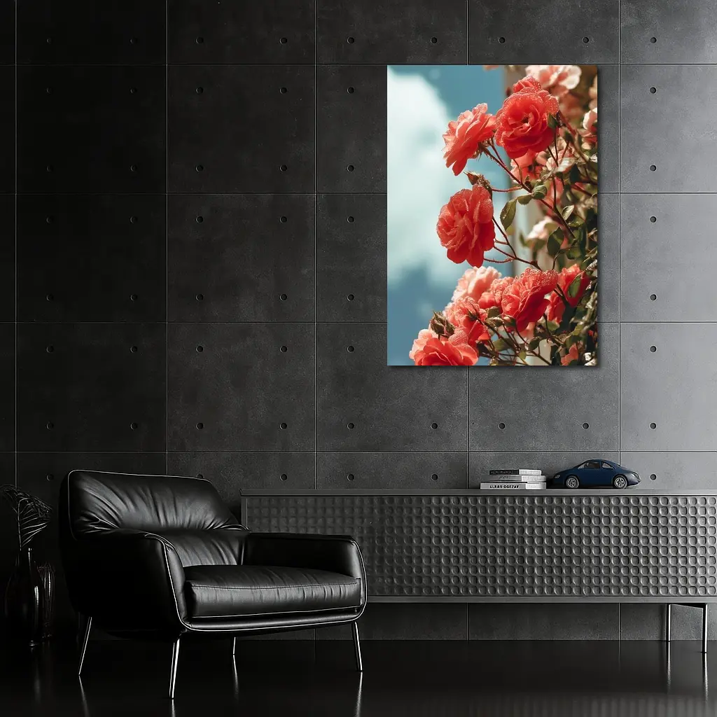 Red Roses Climbing Against Blue Sky – Wall Art