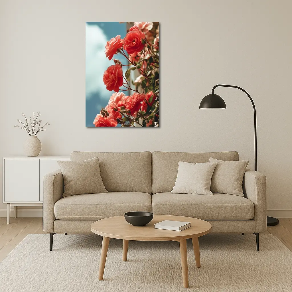 Red Roses Climbing Against Blue Sky – Wall Art