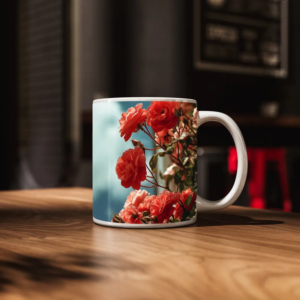 Red Roses Climbing Against Blue Sky – Mugs