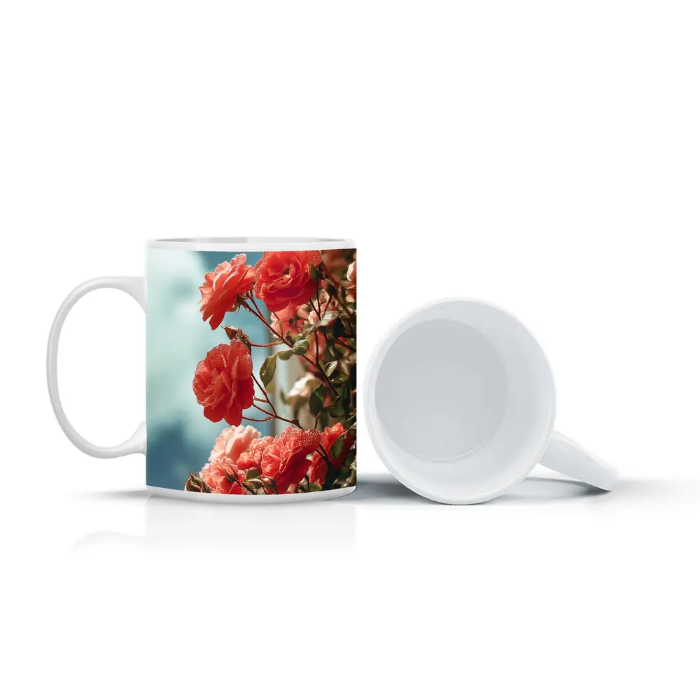 Red Roses Climbing Against Blue Sky – Mugs